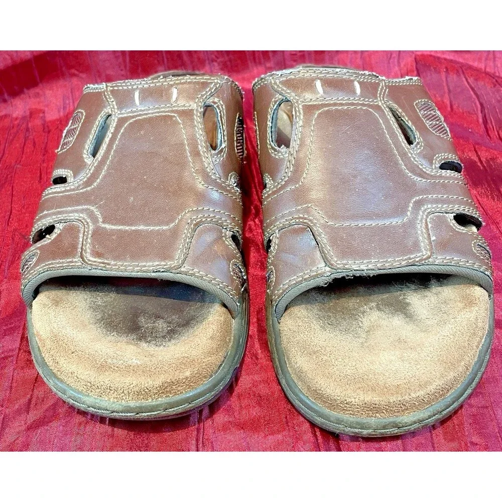 Mens Nunn Bush Brown Faux Leather Slip On Glides Sandals sz 8M